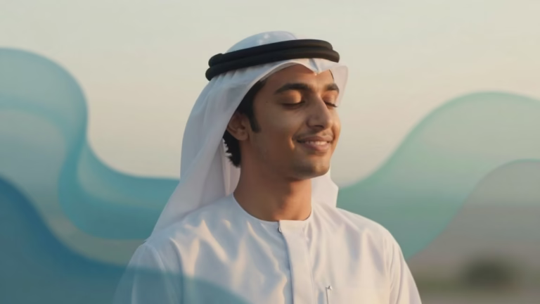 Person smiling, surrounded by calming abstract shapes.