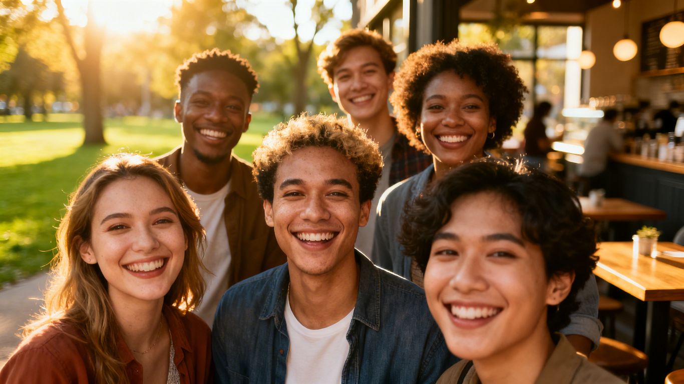 People smiling brightly in various happy settings.
