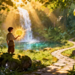 Person holding a glowing golden coin with lush greenery.