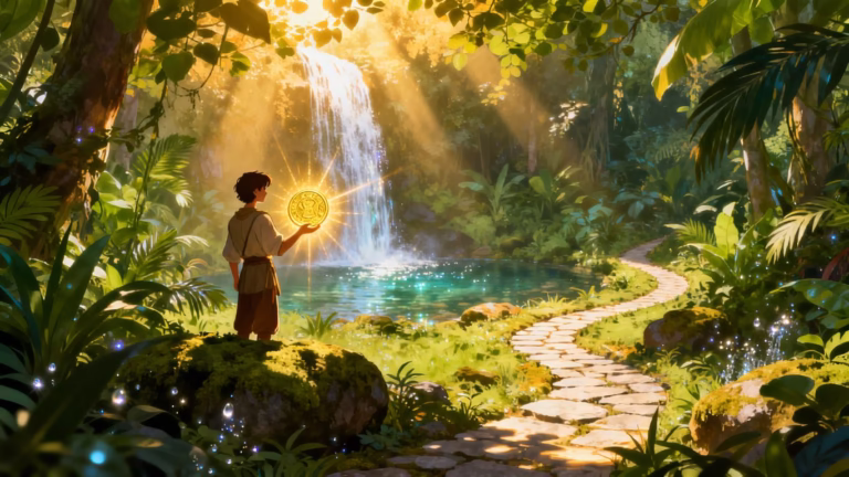 Person holding a glowing golden coin with lush greenery.