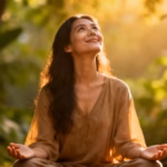 Woman smiling, looking up with hands open.