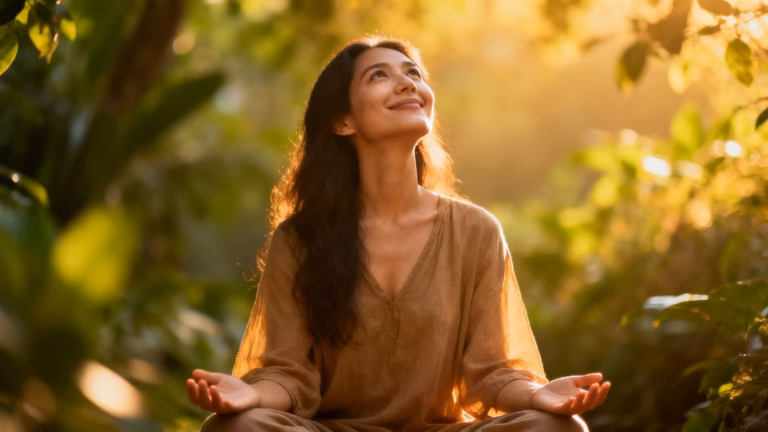 Woman smiling, looking up with hands open.