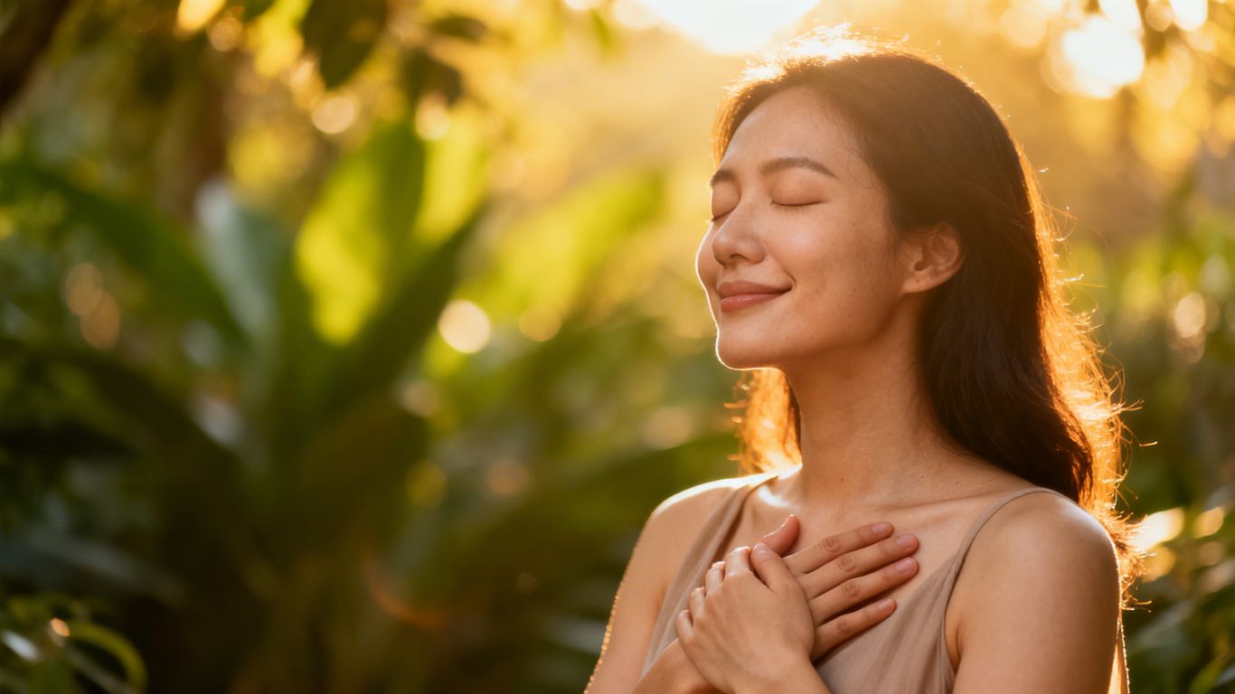Woman embracing gratitude with eyes closed and smiling.